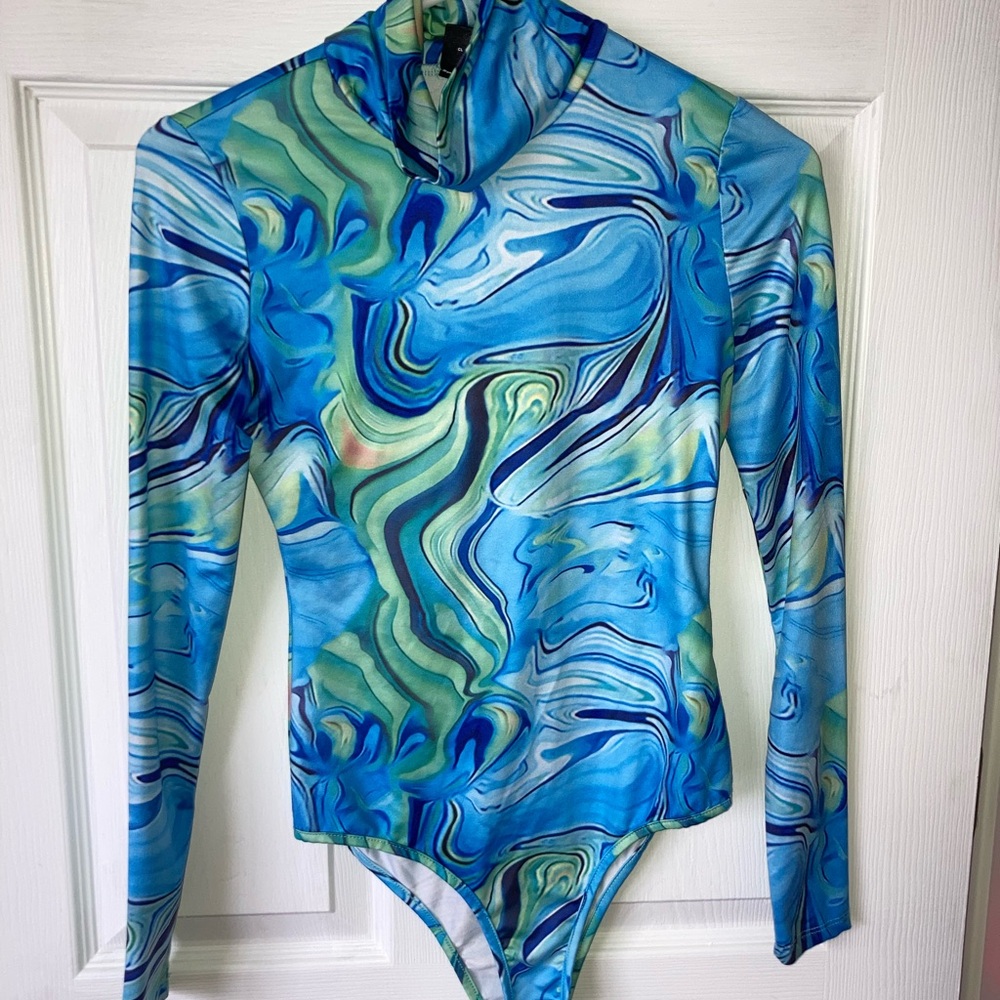 SHEIN Blue Marble Long Sleeve Turtleneck Bodysuit